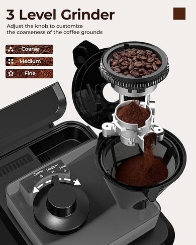 Drip Coffee Maker with Grinder Built in, Automatic Grind and Brew Coffee Machine with Glass Carafe, Reusable Filter, 2-Hour Warm Plate, for Home Offices or Large Families, Black in Kuwait