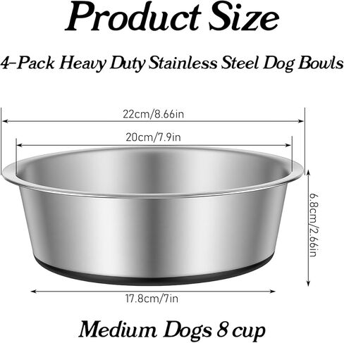 4-Pack Heavy Duty Stainless Steel Dog Bowls with Non-Slip Base – 8 Cup (64 oz) Rust-Resistant Metal Food & Water Dishes for Medium & Large Dogs in Kuwait