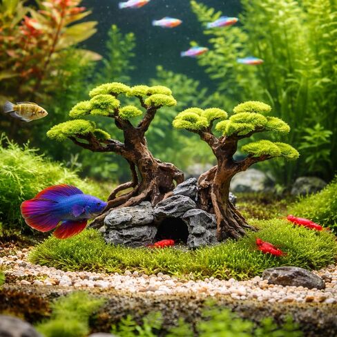 Fish Tank Decor Aquarium Bonsai Tree Resin Ornament with Faux Moss Aquascaping Decoration Artificial Landscape Centerpiece Safe & Fade-Resistant for Betta Shrimp Goldfish in Kuwait
