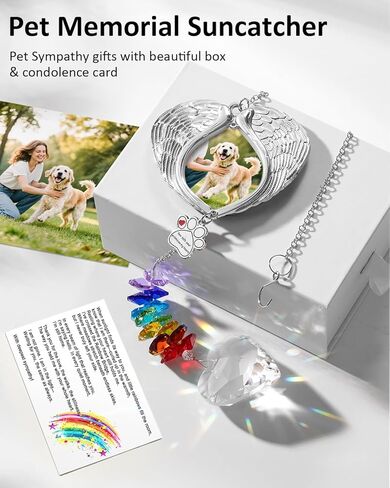 Pet Memorial Suncatcher – Dog Memorial Gifts for Loss of Dog, Personalized Pet Loss Sympathy Gift with Angel Wings Photo Frame, Rainbow Bridge Remembrance Gift for Dogs and Cats with Gift Box & Card in Kuwait