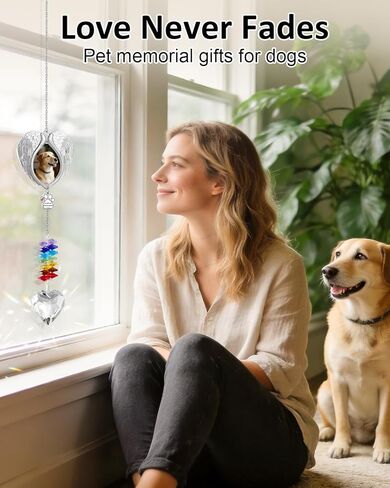 Pet Memorial Suncatcher – Dog Memorial Gifts for Loss of Dog, Personalized Pet Loss Sympathy Gift with Angel Wings Photo Frame, Rainbow Bridge Remembrance Gift for Dogs and Cats with Gift Box & Card in Kuwait