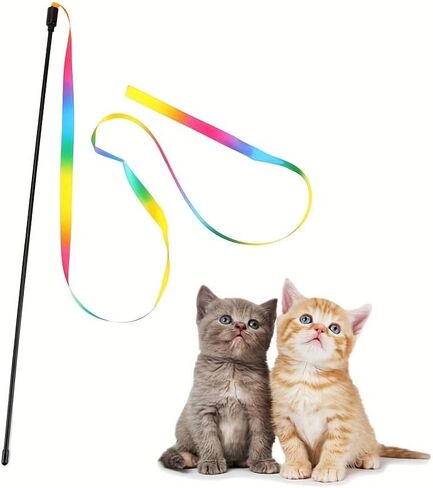 2PCS Cat Wand Interactive Teaser Toy with Rainbow Ribbon, Colorful Kitten Stick for Indoor Play, Exercise, Training and Bonding, Small in Kuwait