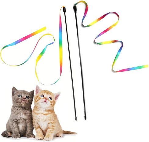 2PCS Cat Wand Interactive Teaser Toy with Rainbow Ribbon, Colorful Kitten Stick for Indoor Play, Exercise, Training and Bonding, Small in Saudi Arabia