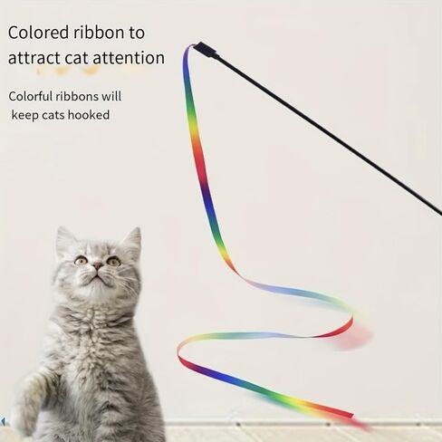 2PCS Cat Wand Interactive Teaser Toy with Rainbow Ribbon, Colorful Kitten Stick for Indoor Play, Exercise, Training and Bonding, Small in Kuwait