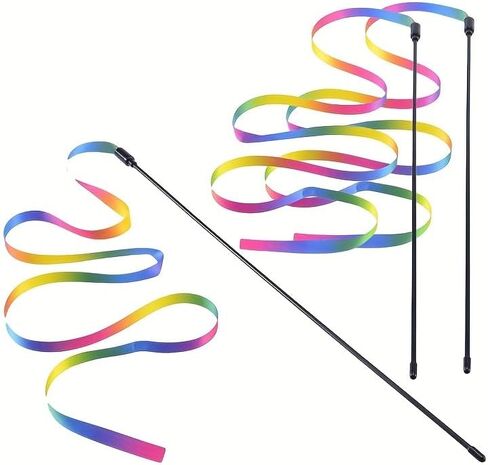 2PCS Cat Wand Interactive Teaser Toy with Rainbow Ribbon, Colorful Kitten Stick for Indoor Play, Exercise, Training and Bonding, Small in Saudi Arabia