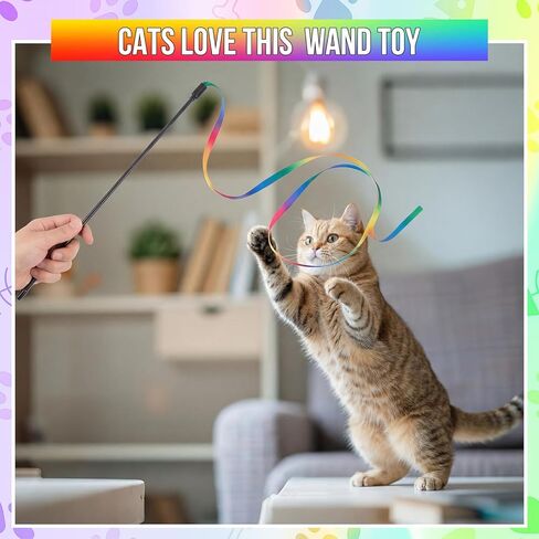 Leitee 30 Pcs Colorful Cat Wand Toys Interactive Rainbow Ribbon Fabric Teaser Wand String for Indoor Cats and Kitten Exercise Playing in Kuwait
