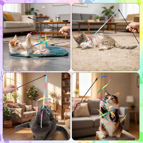 Leitee 30 Pcs Colorful Cat Wand Toys Interactive Rainbow Ribbon Fabric Teaser Wand String for Indoor Cats and Kitten Exercise Playing in Kuwait