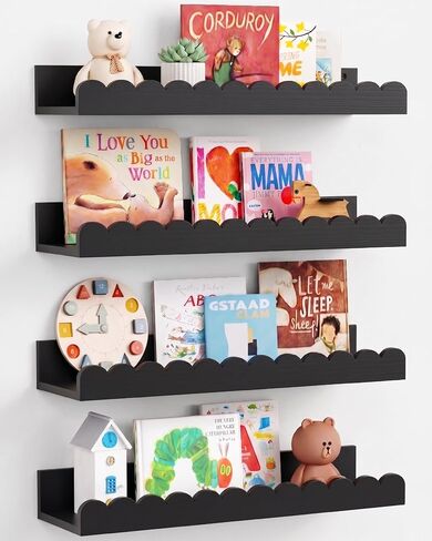 Scalloped Nursery Bookshelf Wall Mounted 4-Pack, Natural Wood Floating Book Shelves for Wall, Cloud Wall Mount Bookshelves for Kids Bedroom, Baby Children Toddler Room (Natural Pine Wood) in Saudi Arabia