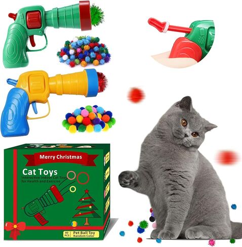 82Pcs Cat Toys Gun Launcher,Cat Toy Ball Launcher Gun，Cat Toy Launchers，Low Noise Interactive Cat Ball Launcher Gun，30 Pcs Sparkle Pom Pom Balls for 50Pcs Pom Pom Balls in Kuwait