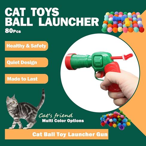 82Pcs Cat Toys Gun Launcher,Cat Toy Ball Launcher Gun，Cat Toy Launchers，Low Noise Interactive Cat Ball Launcher Gun，30 Pcs Sparkle Pom Pom Balls for 50Pcs Pom Pom Balls in Kuwait