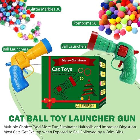 82Pcs Cat Toys Gun Launcher,Cat Toy Ball Launcher Gun，Cat Toy Launchers，Low Noise Interactive Cat Ball Launcher Gun，30 Pcs Sparkle Pom Pom Balls for 50Pcs Pom Pom Balls in Kuwait