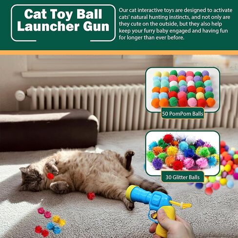 82Pcs Cat Toys Gun Launcher,Cat Toy Ball Launcher Gun，Cat Toy Launchers，Low Noise Interactive Cat Ball Launcher Gun，30 Pcs Sparkle Pom Pom Balls for 50Pcs Pom Pom Balls in Kuwait