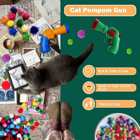 82Pcs Cat Toys Gun Launcher,Cat Toy Ball Launcher Gun，Cat Toy Launchers，Low Noise Interactive Cat Ball Launcher Gun，30 Pcs Sparkle Pom Pom Balls for 50Pcs Pom Pom Balls in Kuwait