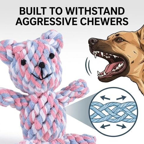 Indestructible Colorful Braided Rope Bear Dog Toy, Ultra Durable Upgraded Teething Chew Toy for Aggressive Chewers, Tough Unbreakable Cotton Rope Bear, Interactive Tug Toy for Puppy Small Medium Dogs in Kuwait