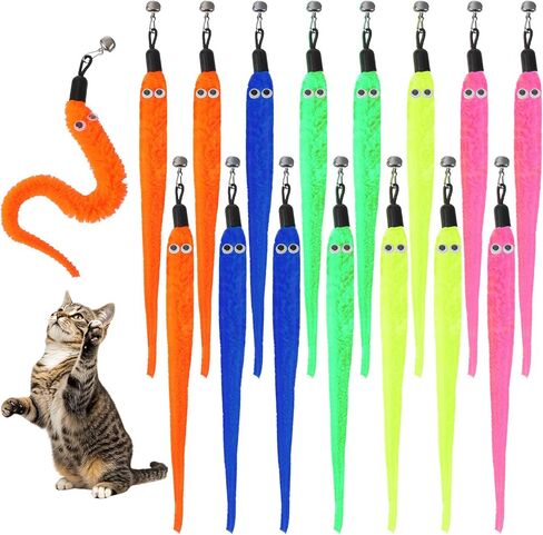 Larrel 15PCS Cat Worm Toy Replacement, Cat Wand Toy Accessories, Soft Worm Cats Toys Teaser with Bell, Fuzzy Worms Toys Attachments Replacements with Eyes for Indoor Cats and Kitten (5 Colors) in Kuwait
