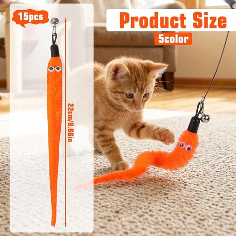 Larrel 15PCS Cat Worm Toy Replacement, Cat Wand Toy Accessories, Soft Worm Cats Toys Teaser with Bell, Fuzzy Worms Toys Attachments Replacements with Eyes for Indoor Cats and Kitten (5 Colors) in Kuwait