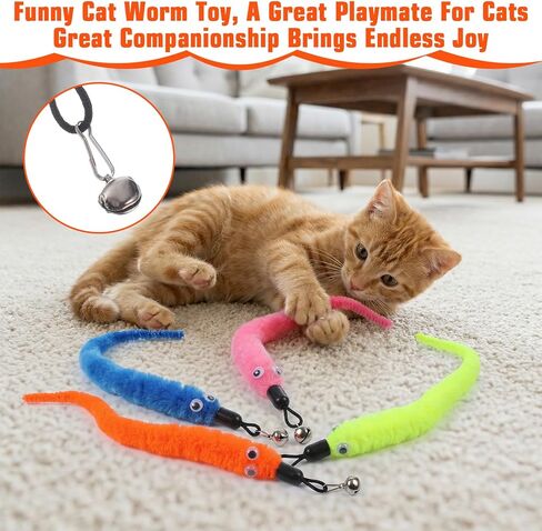 Larrel 15PCS Cat Worm Toy Replacement, Cat Wand Toy Accessories, Soft Worm Cats Toys Teaser with Bell, Fuzzy Worms Toys Attachments Replacements with Eyes for Indoor Cats and Kitten (5 Colors) in Kuwait