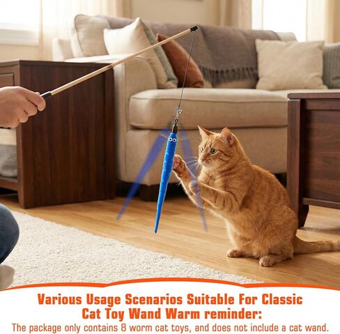 Larrel 15PCS Cat Worm Toy Replacement, Cat Wand Toy Accessories, Soft Worm Cats Toys Teaser with Bell, Fuzzy Worms Toys Attachments Replacements with Eyes for Indoor Cats and Kitten (5 Colors) in Kuwait