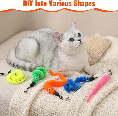 Larrel 15PCS Cat Worm Toy Replacement, Cat Wand Toy Accessories, Soft Worm Cats Toys Teaser with Bell, Fuzzy Worms Toys Attachments Replacements with Eyes for Indoor Cats and Kitten (5 Colors) in Kuwait