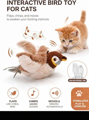 Cat Toy, Plush Bird with Sound and Motion, USB Rechargeable, Soft Washable Cover, Brown and White no Flying in Kuwait