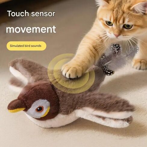 Cat Toy, Plush Bird with Sound and Motion, USB Rechargeable, Soft Washable Cover, Brown and White no Flying in Kuwait