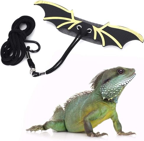 حبل سحب Alomejor Lizard قابل للتعديل من الجلد الصناعي الأسود، تصميم جناح أنيق للمشي في الهواء الطلق مناسب لمختلف الزواحف والسحالي، 3 وسائد متضمنة، مقاسات SM/L in Kuwait