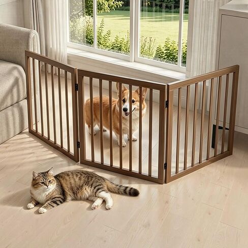 Freestanding Small Dog Door Gates Pet Gate- 3-Panel Wooden Short Dog Gate Indoor- Foldable Pet Gates for Doorway-Folding Dog Fence Pet Door for Puppy in Kuwait