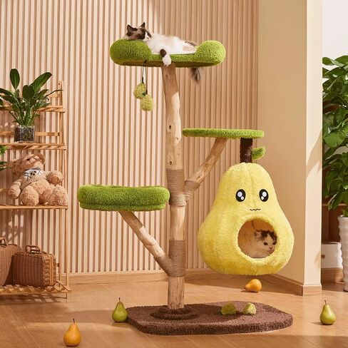 Modern Cat Tree for Indoor Cats,54.7'' Tall Luxury Treehouse Cat Tower with Wood Scratching Posts for Decoration,3 Level Condo with Soft Perchs,Viewing Bed,Heavy Duty Wide Base for Small Large Cats in Kuwait