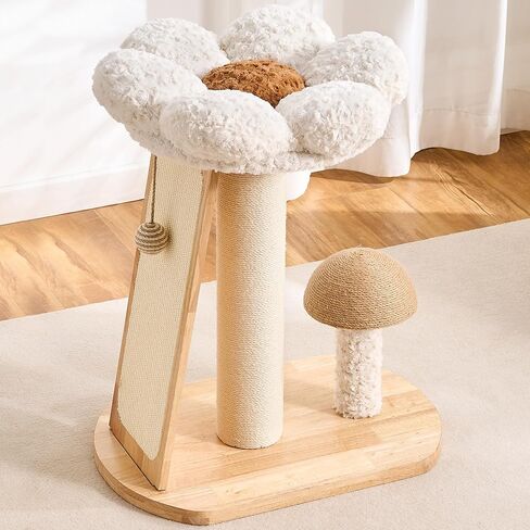 HITTITE Solid Wood Cat Tree Tower, Cat Scratching Post with Bed, 27" Small Flower Cat Tree, Compact Cat Tower with Scratching Pad and Cat Bed, Mushroom Modern Cat Tower for Indoor Cats Large Adult. in Kuwait