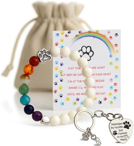 Pet Memorial Gifts, Rainbow Bridge Bracelet w/Paw Charm & Keychain in Memory of Your Beloved Dog Cat, 8mm 7 Chakra Colors for Women/Men Who Lost Pets, Pet Sympathy Remembrance & Healing Gift in Kuwait