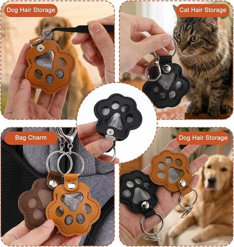 4 Pcs Pet Fur Keepsake, Leather Pawkeys Cat Dog Hair Keychain Fur Storage Memorial Keychain for Cat & Dog Hair Collector, Memorial Pets Hairs Holder Keepsake (Black, White, Dark Brown, Light Brown) in Kuwait