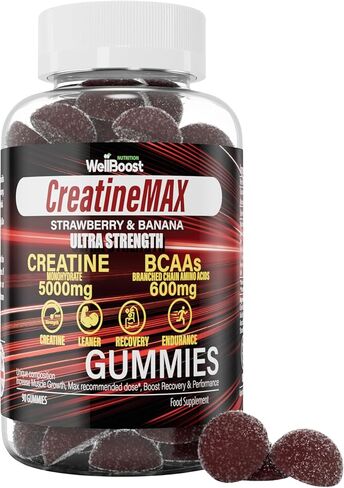 Creatine MAX 90 Gummies 5000mg Creatine Monohydrate, 1000mg BCAAs per Serving - Chewable Vegan Sugar Free Gummies, Mixed Berry Flavour (1 Month Supply) in Saudi Arabia