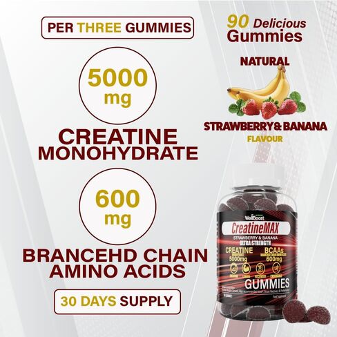 Creatine MAX 90 Gummies 5000mg Creatine Monohydrate, 1000mg BCAAs per Serving - Chewable Vegan Sugar Free Gummies, Mixed Berry Flavour (1 Month Supply) in Saudi Arabia