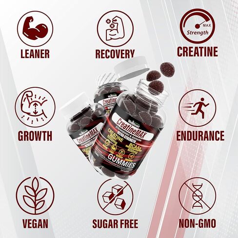 Creatine MAX 90 Gummies 5000mg Creatine Monohydrate, 1000mg BCAAs per Serving - Chewable Vegan Sugar Free Gummies, Mixed Berry Flavour (1 Month Supply) in Saudi Arabia