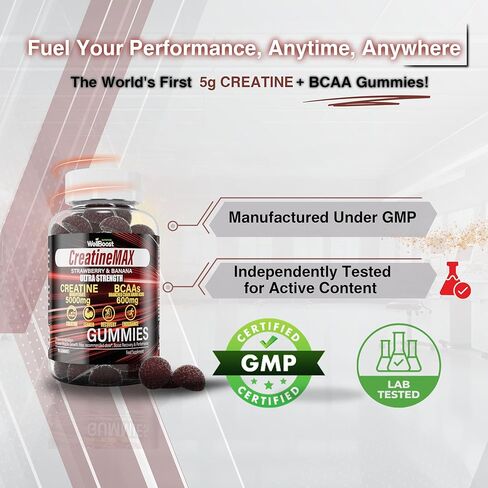 Creatine MAX 90 Gummies 5000mg Creatine Monohydrate, 1000mg BCAAs per Serving - Chewable Vegan Sugar Free Gummies, Mixed Berry Flavour (1 Month Supply) in Saudi Arabia