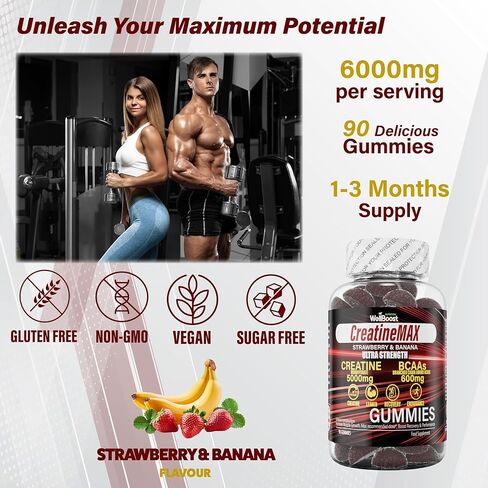 Creatine MAX 90 Gummies 5000mg Creatine Monohydrate, 1000mg BCAAs per Serving - Chewable Vegan Sugar Free Gummies, Mixed Berry Flavour (1 Month Supply) in Saudi Arabia