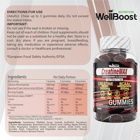 Creatine MAX 90 Gummies 5000mg Creatine Monohydrate, 1000mg BCAAs per Serving - Chewable Vegan Sugar Free Gummies, Mixed Berry Flavour (1 Month Supply) in Saudi Arabia