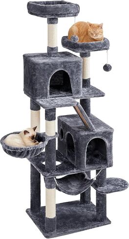 Topeakmart 71.5 inch Cat Tree Tower, Cat Furniture w/ 2 Condos, 2 Perches, 2 Hanging Balls Pet Stand House with Basket and Hammock for Indoor Cats and Kittens, Light Gray in Saudi Arabia