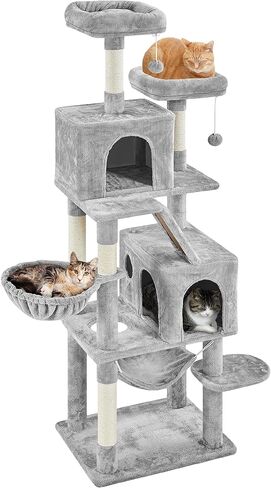 Topeakmart 71.5 inch Cat Tree Tower, Cat Furniture w/ 2 Condos, 2 Perches, 2 Hanging Balls Pet Stand House with Basket and Hammock for Indoor Cats and Kittens, Light Gray in Saudi Arabia