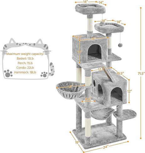 Topeakmart 71.5 inch Cat Tree Tower, Cat Furniture w/ 2 Condos, 2 Perches, 2 Hanging Balls Pet Stand House with Basket and Hammock for Indoor Cats and Kittens, Light Gray in Saudi Arabia