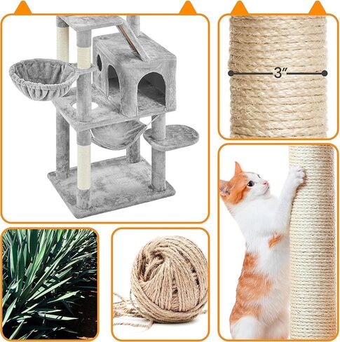 Topeakmart 71.5 inch Cat Tree Tower, Cat Furniture w/ 2 Condos, 2 Perches, 2 Hanging Balls Pet Stand House with Basket and Hammock for Indoor Cats and Kittens, Light Gray in Saudi Arabia