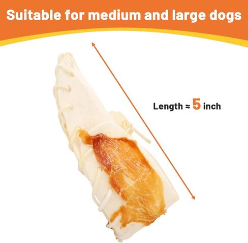 أحذية Dog Treats Rawhide Chicken Mini مقاس 5 بوصة، وجبات خفيفة، كعوب لطحن الأسنان للكلاب المتوسطة والكبيرة، 3.67 أونصة (4 لكل عبوة) in Kuwait