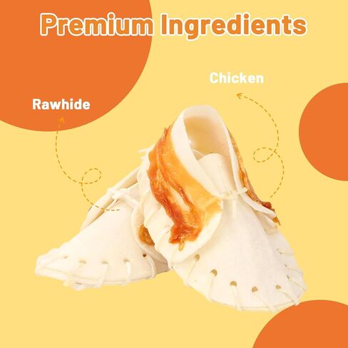أحذية Dog Treats Rawhide Chicken Mini مقاس 5 بوصة، وجبات خفيفة، كعوب لطحن الأسنان للكلاب المتوسطة والكبيرة، 3.67 أونصة (4 لكل عبوة) in Kuwait