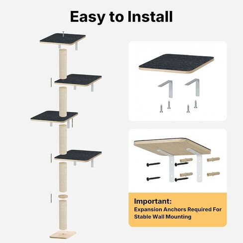 Veehoo Wall Mounted Cat Tree for Large Cats, 66" Tall Cat Wall Climber with Large Perches and Non-Slip Carpet, Cats Wall Shelves Furniture for Climb, Scratch, Lookout and Play in Kuwait