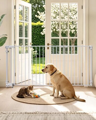 23.8"-60.6" Extra Wide Baby Gate for Stairs, Metal Pet Dog Gate for Doorways Indoor, 2 Installation Positions, Hardware Mount, 29.1"H Walk Through Safety Child Gate for Kids Toddler, White in Kuwait