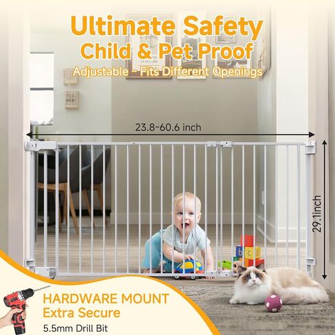 23.8"-60.6" Extra Wide Baby Gate for Stairs, Metal Pet Dog Gate for Doorways Indoor, 2 Installation Positions, Hardware Mount, 29.1"H Walk Through Safety Child Gate for Kids Toddler, White in Kuwait