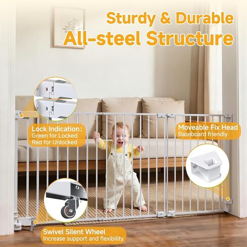 23.8"-60.6" Extra Wide Baby Gate for Stairs, Metal Pet Dog Gate for Doorways Indoor, 2 Installation Positions, Hardware Mount, 29.1"H Walk Through Safety Child Gate for Kids Toddler, White in Kuwait