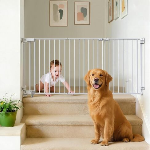 23.8"-60.6" Extra Wide Baby Gate for Stairs, Metal Pet Dog Gate for Doorways Indoor, 2 Installation Positions, Hardware Mount, 29.1"H Walk Through Safety Child Gate for Kids Toddler, White in Kuwait