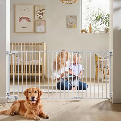 23.8"-60.6" Extra Wide Baby Gate for Stairs, Metal Pet Dog Gate for Doorways Indoor, 2 Installation Positions, Hardware Mount, 29.1"H Walk Through Safety Child Gate for Kids Toddler, White in Kuwait