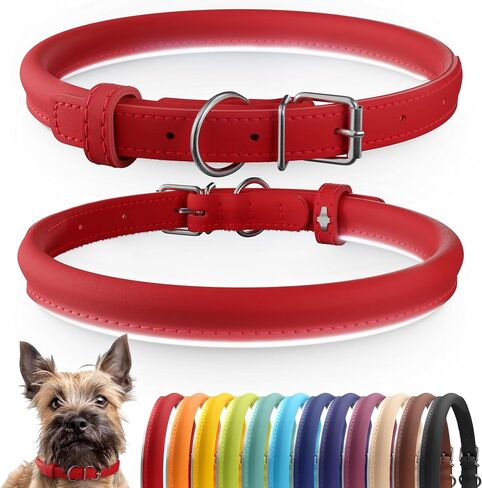 CollarDirect Reflective Rolled Leather Dog Collar, Soft Padded Round Puppy Collar, Handmade Genuine Leather Collar Dog Small Large Cat Collars 13 Colors (8-11 Inch, Red Reflective) in Kuwait